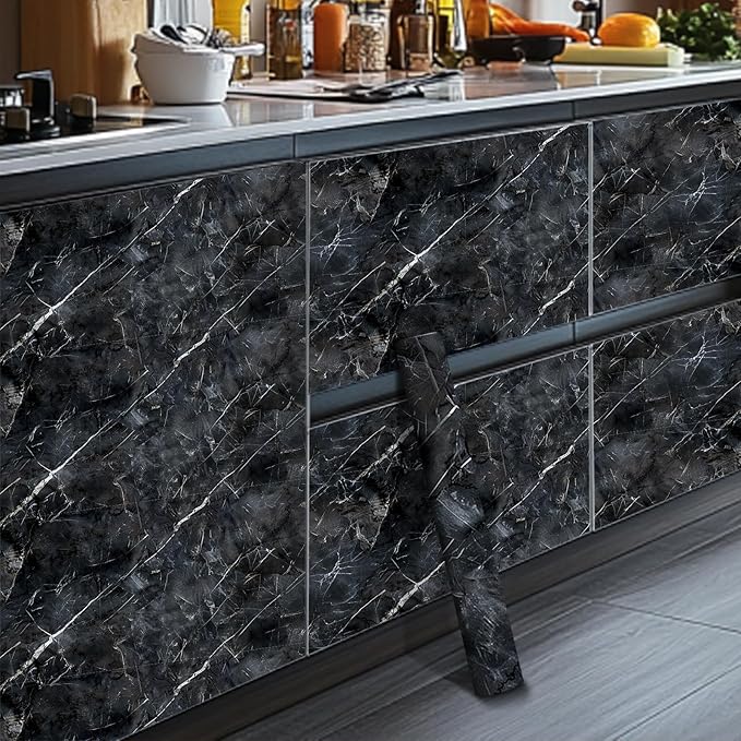 HOMETITUTE Black Marble Wallpaper Peel and Stick Dark Stone Pattern 118.1x17.7