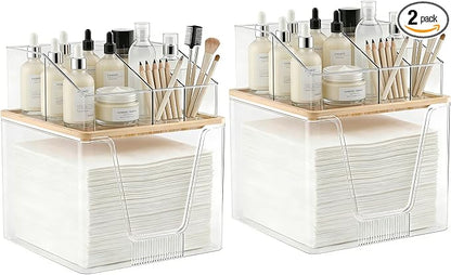 2 in 1 Disposable Facial Towel Holder and Cosmetic Organizer, Clear Storage with Bamboo Lid Compatible with Clean Skin Club Towel XL, Stackable Vanity Organizer for Bathroom Vanity Counter (2 Pack)