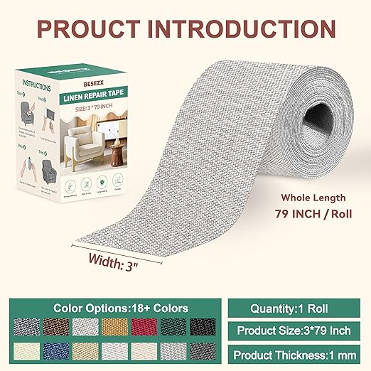 Besezx Linen Fabric Repair Tape, 3x79 Inch Self Adhesive Repair Patches