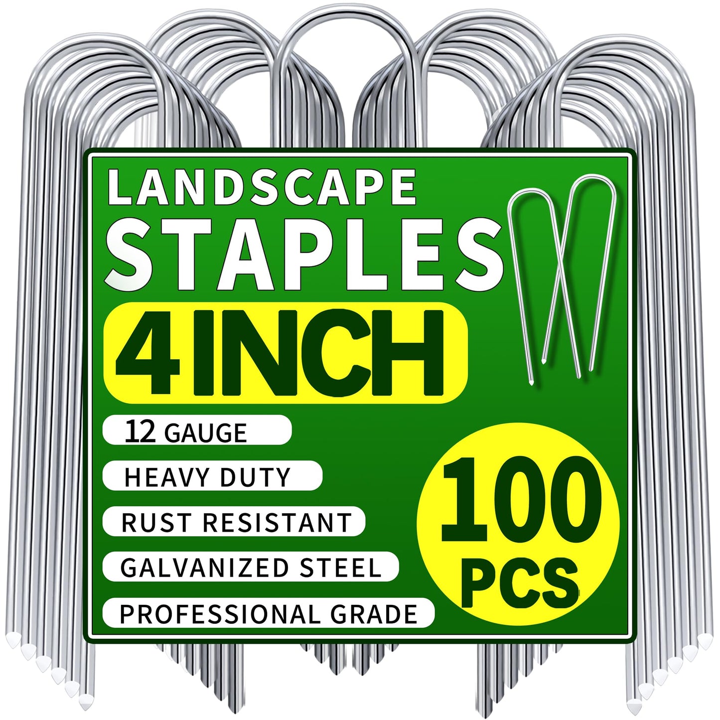 ToolTide 100 Pack 4 Inch U Shaped Garden Stakes Galvanized Drip Irrigation Stakes Landscape Staples Soaker Hose Stakes Anti-Rust Drip Line Stakes for Ground Drip Tubing Weed Barrier Fabric Plant Cover
