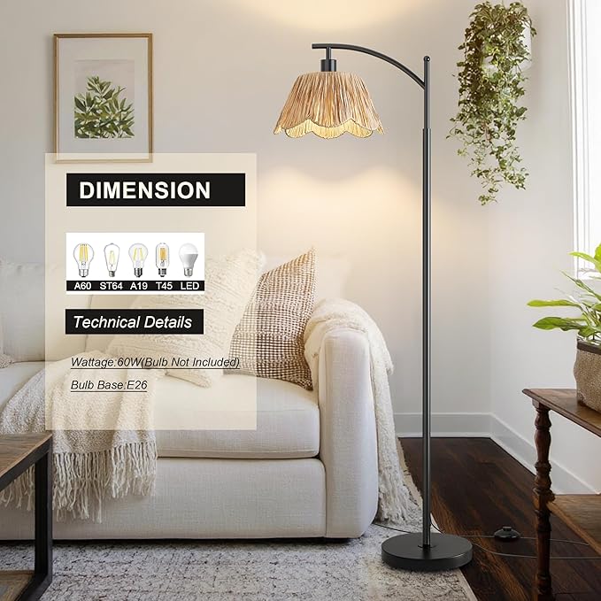 Oneach Boho Rattan Floor Lamp for Living Room, Farmhouse Standing Lamp