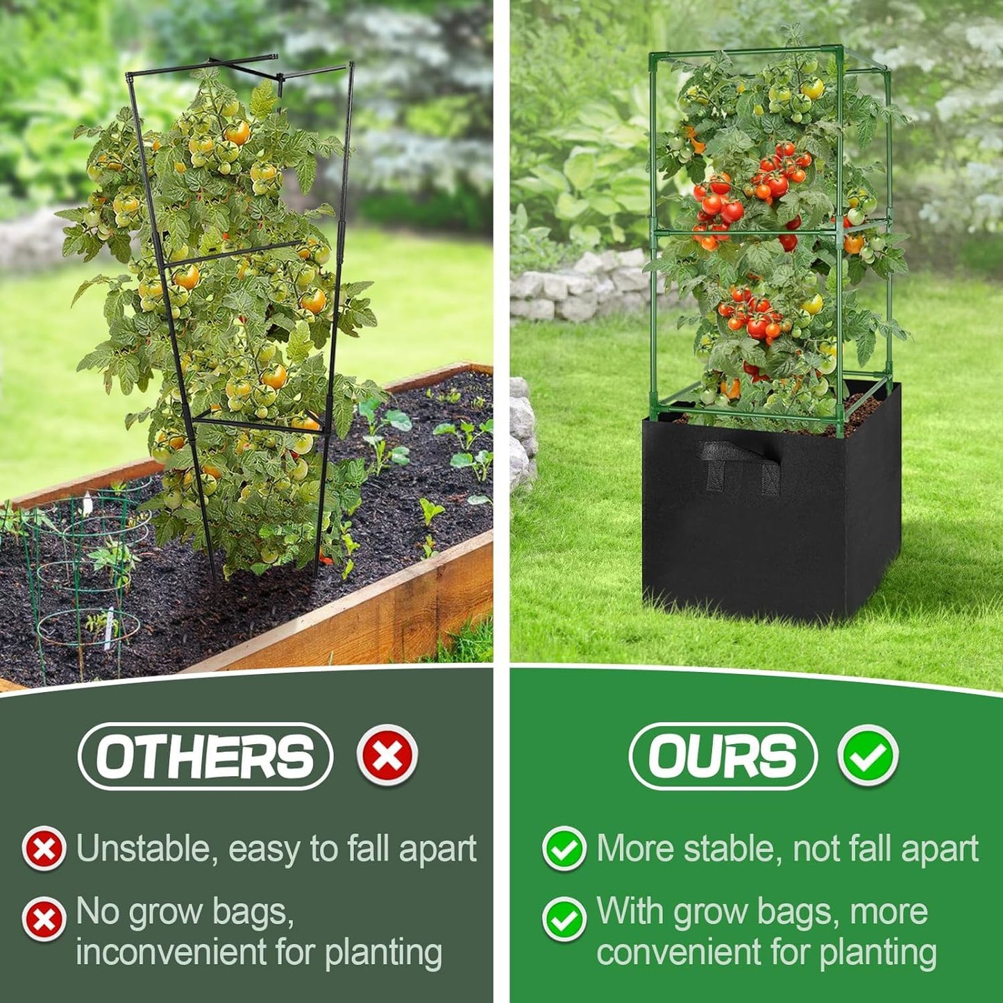 ANPHSIN Sturdy Square Tomato Cage with Movable 17 Gal Grow Bags - 2 Sets 47'' Plants Garden Trellis Planter, Support for Indoor Outdoor, Cucumber, Beans, Peppers, Eggplants, Climbing Vegetables