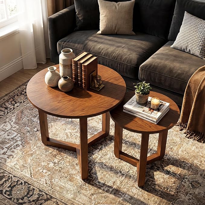 Giantex Round Nesting Coffee Table Set of 2, Wood Nesting End Tables