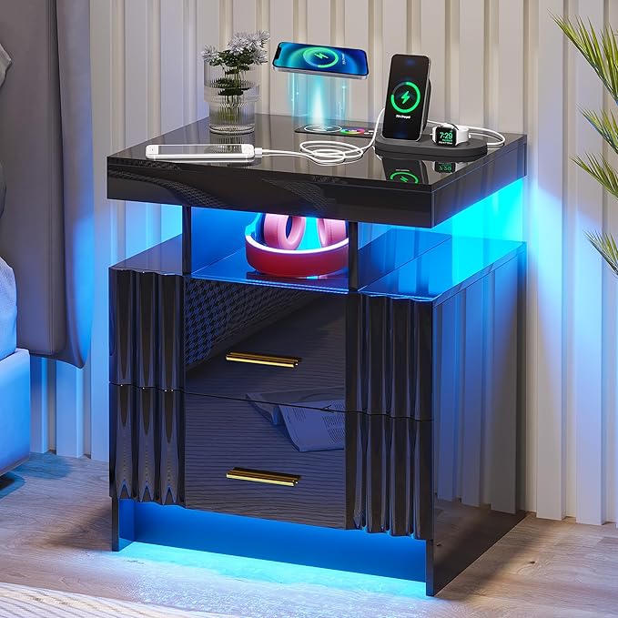 Nightstand with Wireless Charging Station, Smart Night Stand with 2 Drawers