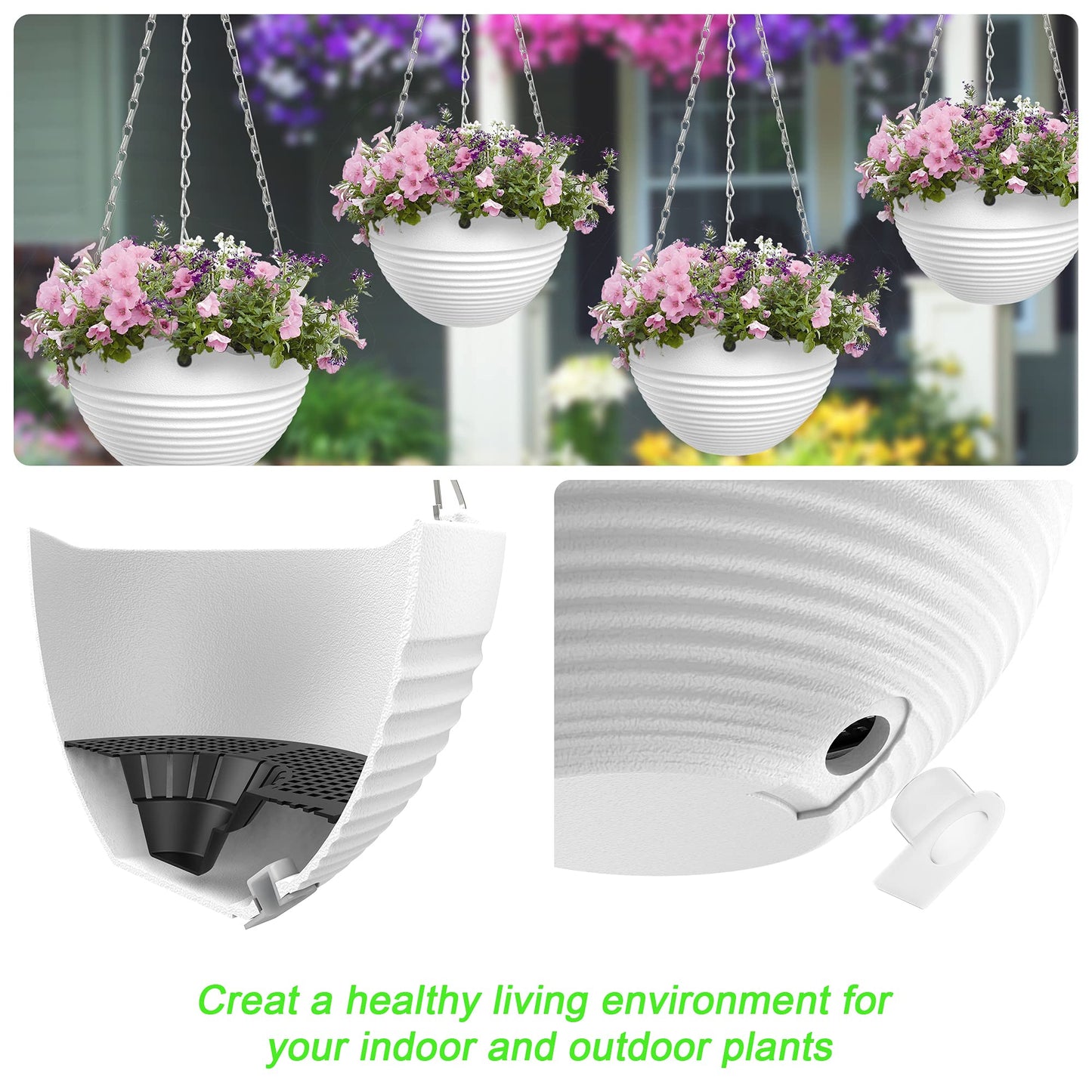 REPICLIFE Hanging Planters, Set of 9 White Hanging Pots, 8" Hanging Flower Pots, Plant Pots with Drainage Plugs, Water Barrier and Chains, Come with Free Mini Garden Tools Set