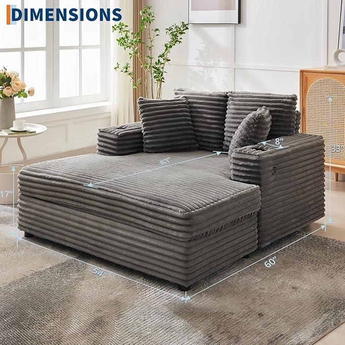 IDEALHOUSE 60" Oversized Chaise Lounge Chair Indoor, Comfy Corduroy Lounge Sofa