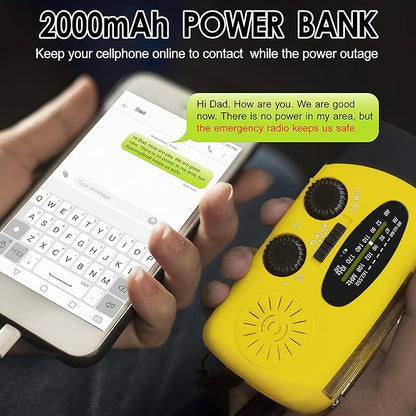 Emergency Hand Crank Radio with LED Flashlight for Emergency, AM/FM Portable Weather Radio with 2000mAh Power Bank Phone Charger, USB Charged & Solar Power for Camping, Emergency(Yellow)