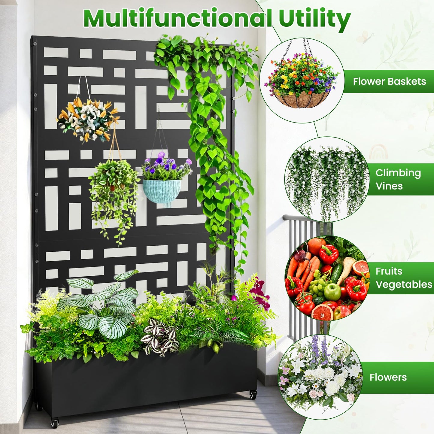 Nexum Metal Planter Box with Trellis & Wheels, 71"x47"x16" Planter Boxes Outdoor with Drainage Holes, Privacy Planters for Patio, Balcony, Backyard, Poolside