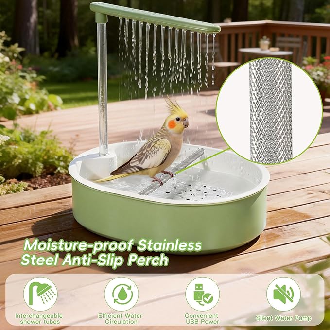 Automatic Parakeet Bird Bath for Cage Large Parrot Shower Bath with Adjustable Water Flow Bird Shower Fountain Indoor Bathtub Stainless Perch Bird Cage Accessory for Birds Cockatiel Conure Budgie