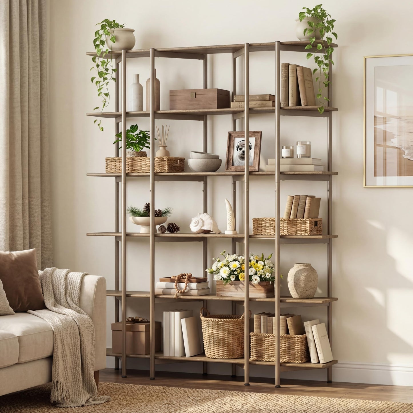 LITTLE TREE 70.87" Tall Open Bookshelf, 6-Tier Display Rack with Metal Frame & Wooden Shelves, Modern Bookshelf for Living Room, Home Office, Kitchen, Bedroom, Brown & Gold