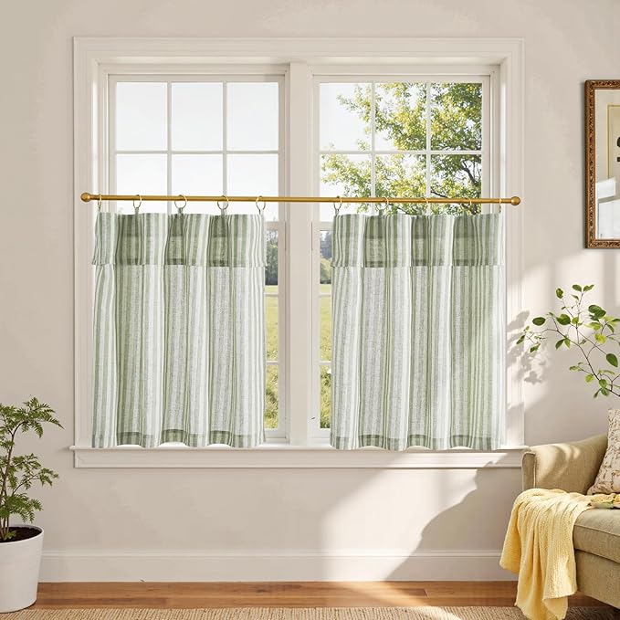 jinchan Striped Linen Kitchen Curtains with Attached Valance 24 Inch Length Cafe Tier Curtains for Living Room Rustic Half Window Light Filtering Rod Pocket Small Drapes 2 Panels Green