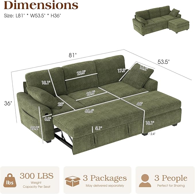 Ihanherry 81-inch Corduroy Modular Sectional Sofa Bed
