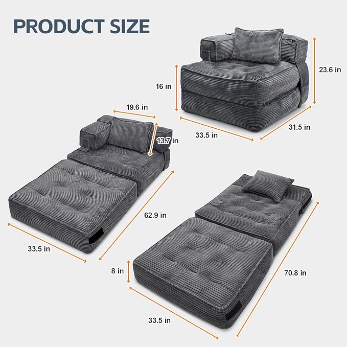 Folding Sofa Bed Chair with Armrests, Convertible Futon Couch Sleeper Chair