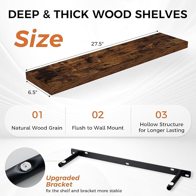 Fun Memories Floating Shelves for Wall, 27.5" Rustic Wood Deep Wall Mounted