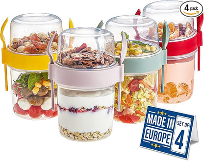 Crystalia 4 Pack 22 oz On The Go Yogurt Parfait Cups with Lids & Spoon, Large Breakfast Plastic Bowls with Topping Cereal Oatmeal Salad or Fruit Container for Snack Box