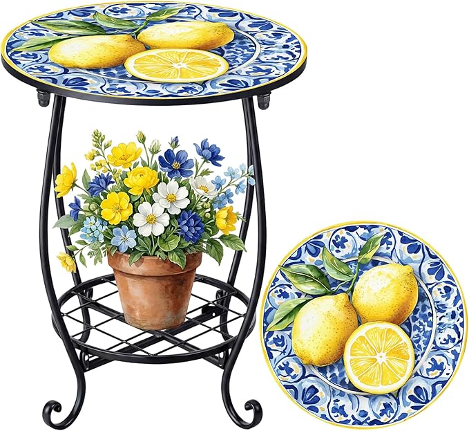 Cinnvoice Outdoor Side Table Round Small Mosaic Patio Accent Indoor End Plant