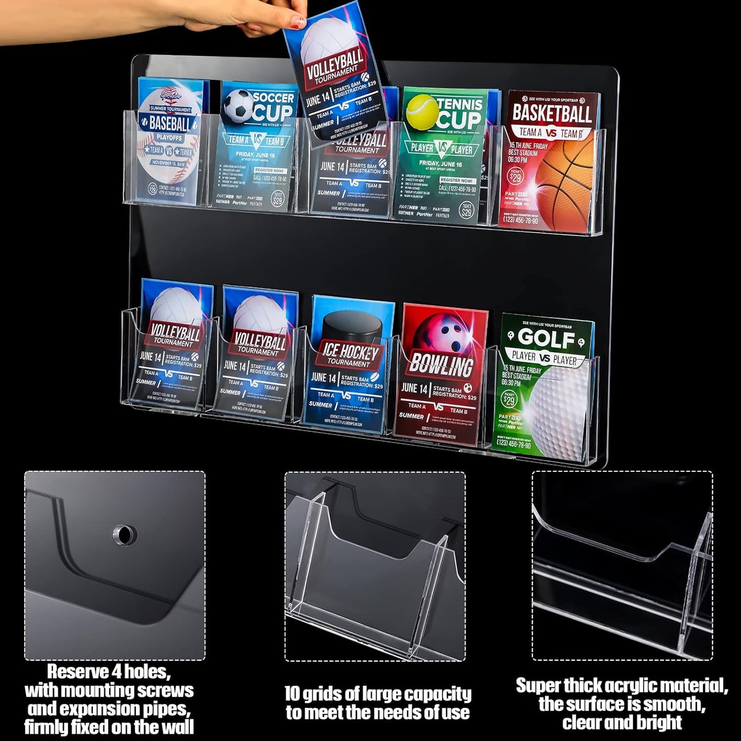 Weysat 4 Pcs Acrylic Brochure Holder Wall Mount 10 Pockets Pamphlet Holder 4" Wide Clear Plastic Trifold Flyer Display Stand Multi Slot Literature Postcard Rack Hanging Rack for Offices Waiting Room