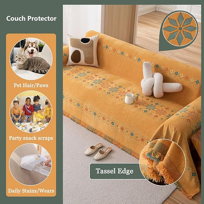 DREAMINGO Orange Boho Sofa Cover Chenille Couch Cover Blanket Vintage Bohemian