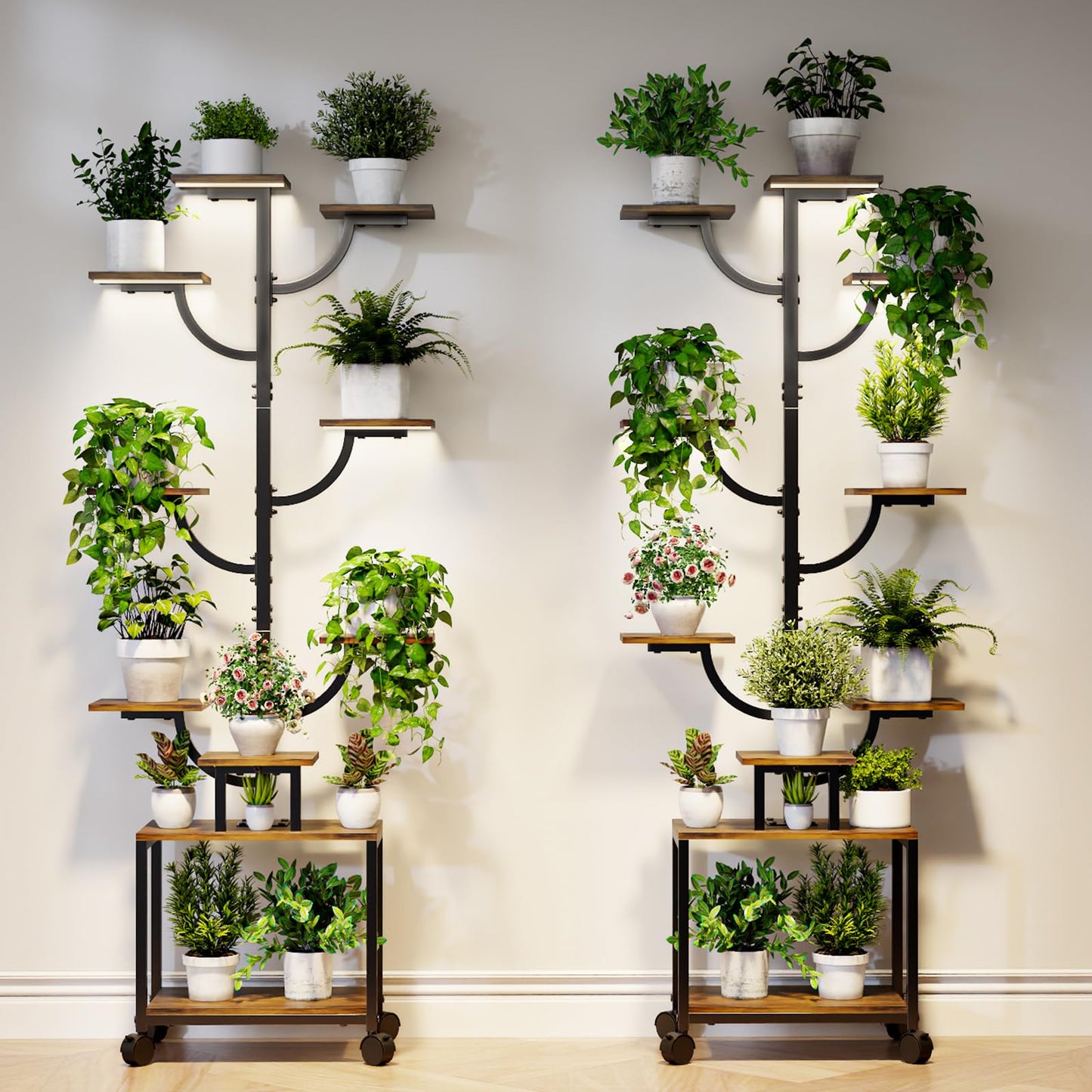 Plant Stand Indoor with Grow Lights - 9-Tier Plant Stand with Wheels, Tall Metal and Wood Indoor Plant Shelf with Tree Design, Rolling Flower Pot Holder Rack with Waterproof Finish, Adjustable Display Stand for Home Garden, Patio, 62" Tall