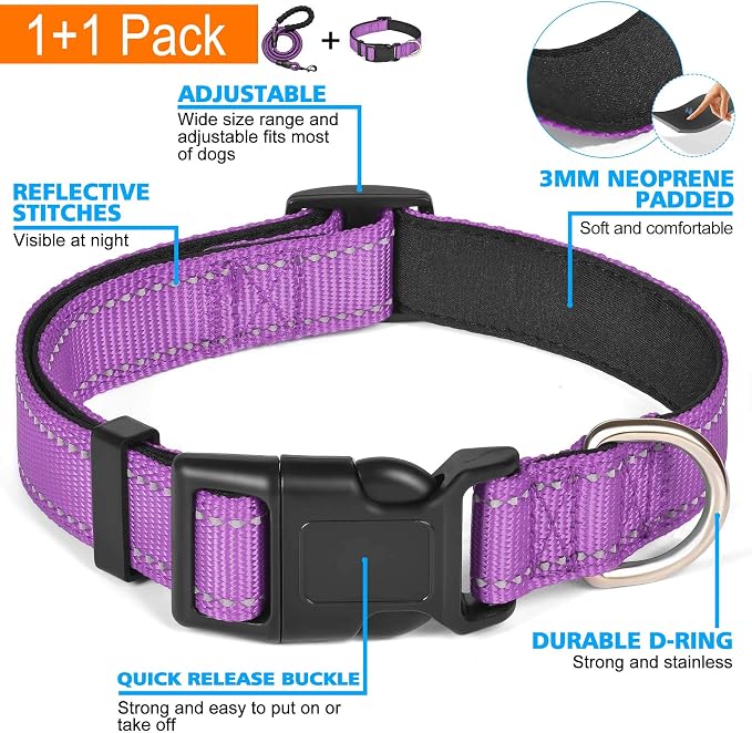 Ladoogo Reflective Dog Collar Padded with Soft Neoprene Breathable Adjustable Nylon Dog Collars for Small Medium Large Dogs (X-Small (Pack of 1), Purple Collar+Leash)
