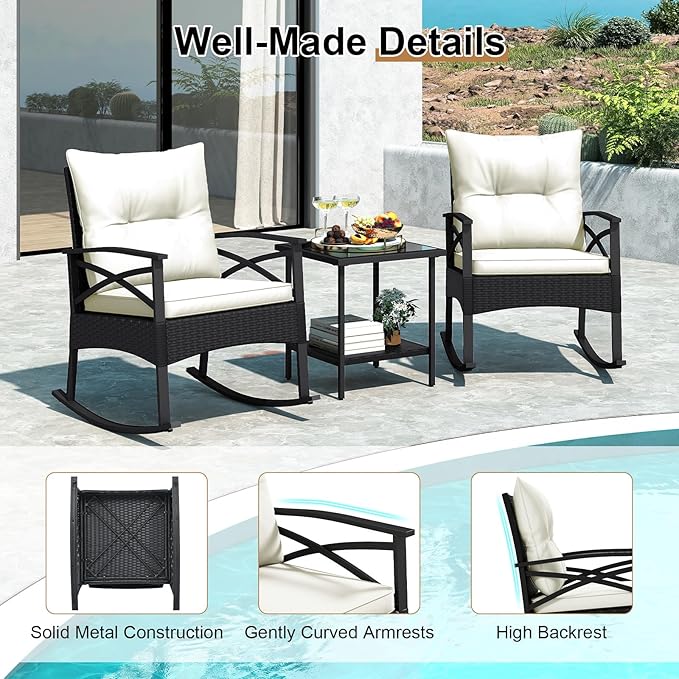 Tangkula 3 Pieces Outdoor Rocking Chairs Set, Rattan Heavy Duty Cushioned