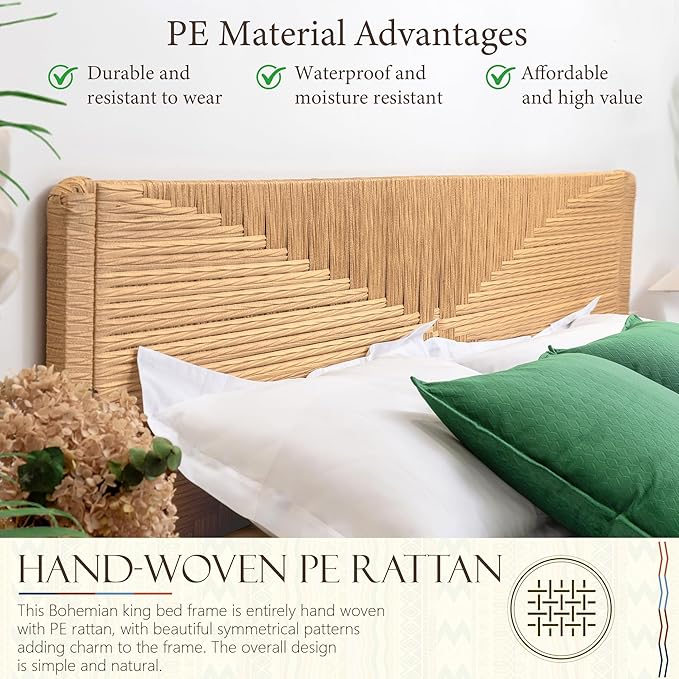 Yechen Hand-Woven PE Rattan King Bed Frame
