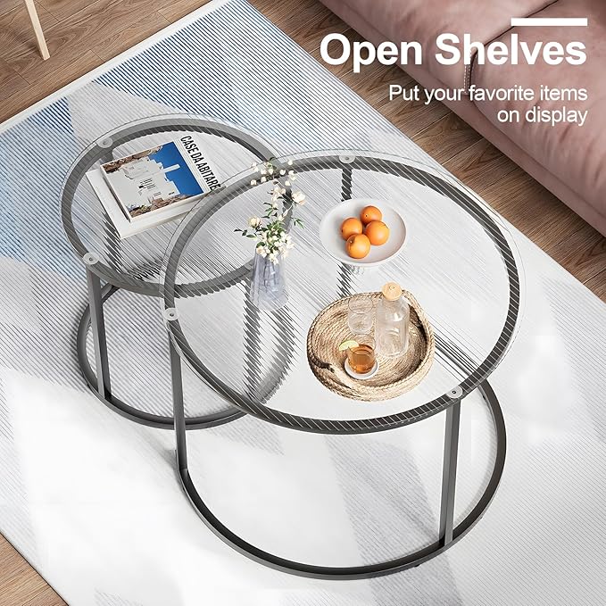 aboxoo Gold Nesting Coffee Table Set of 2, Small Glass Round Nesting Tables
