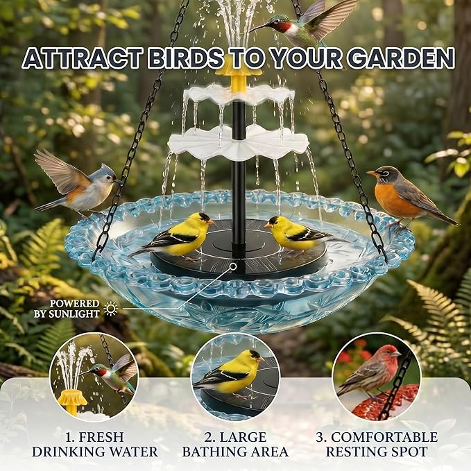 Solar Cascade Hanging Bird Bath Fountain, Solar Fountain Pump with 8 Nozzles, Hanging Bird Bath with Water for Outdoors Garden Patio Backyard Lawn Decor (Gray)