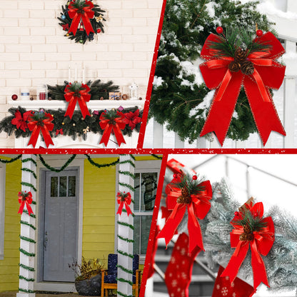 Syhood 6 Pcs Christmas Bows with Pine Cones Pine Needles Xmas Velvet Bows Red Ribbon Christmas Tree Wreath Decoration for Xmas Parties Indoor Outdoor Crafts DIY Decor