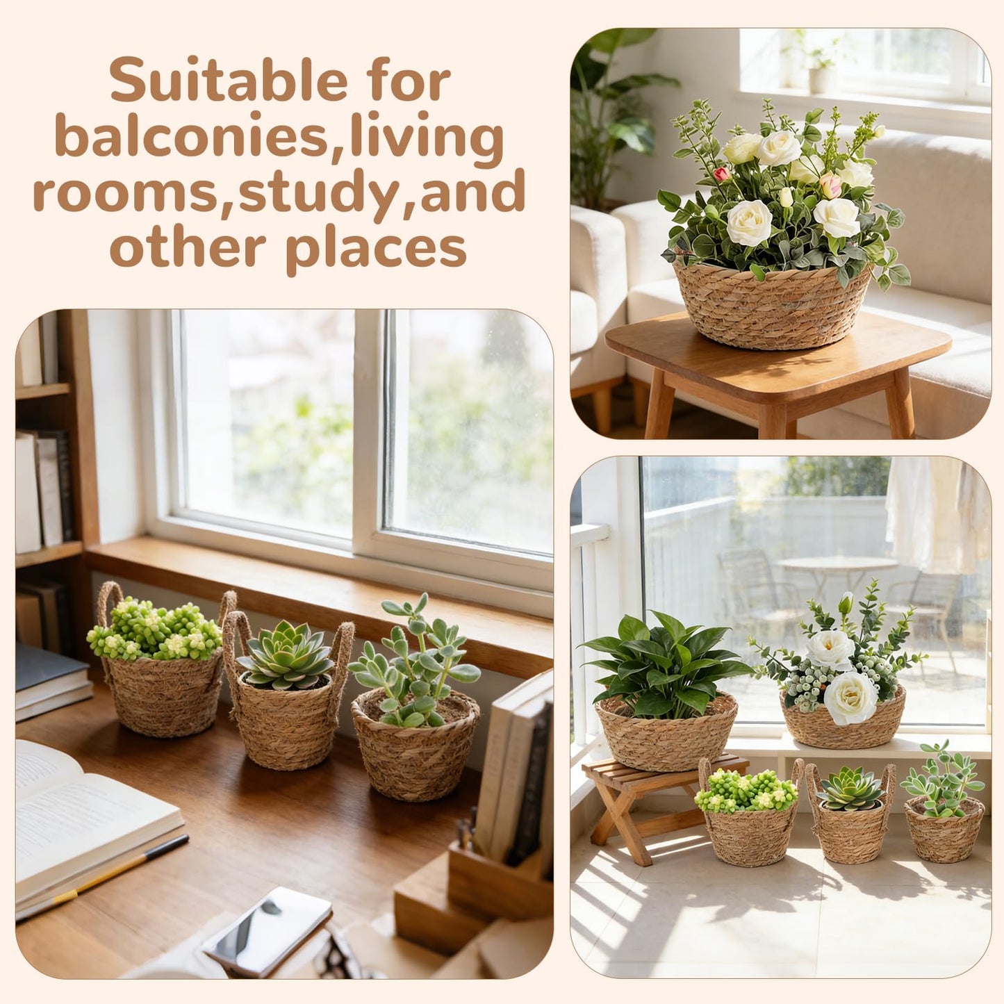 MegoSage 5 Pcs Premium Planter Basket with Plastic Liner Flower Baskets Containers with Handles for Indoor Outdoor Hand Woven Plant Basket for Garden Home Decor Flower Pots Decoration