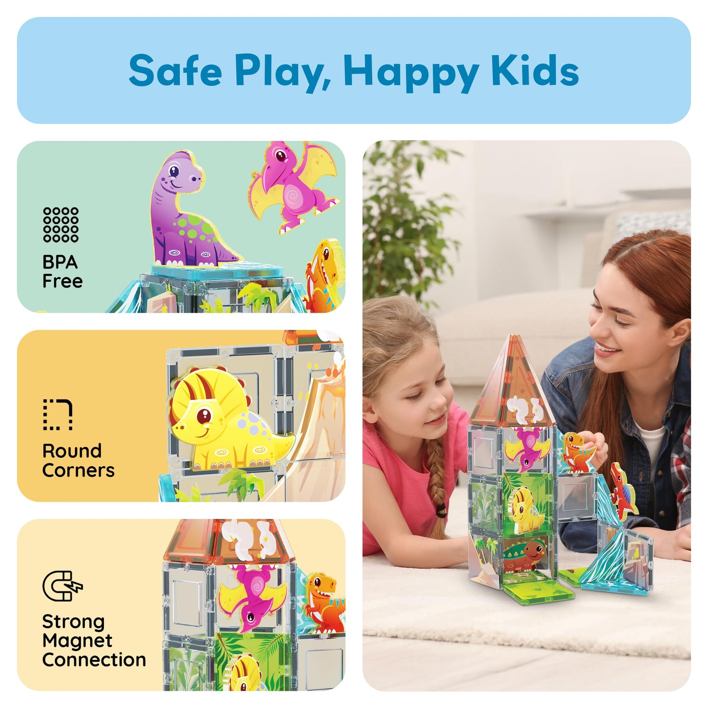 PicassoTiles Magnet Tiles Building Blocks Dinosaur Theme Set with 8 Magnetized Action Figures Magnetic Construction Build and Play Toy with Magnets STEM Learning Activities for Toddlers 3+ PTQ13