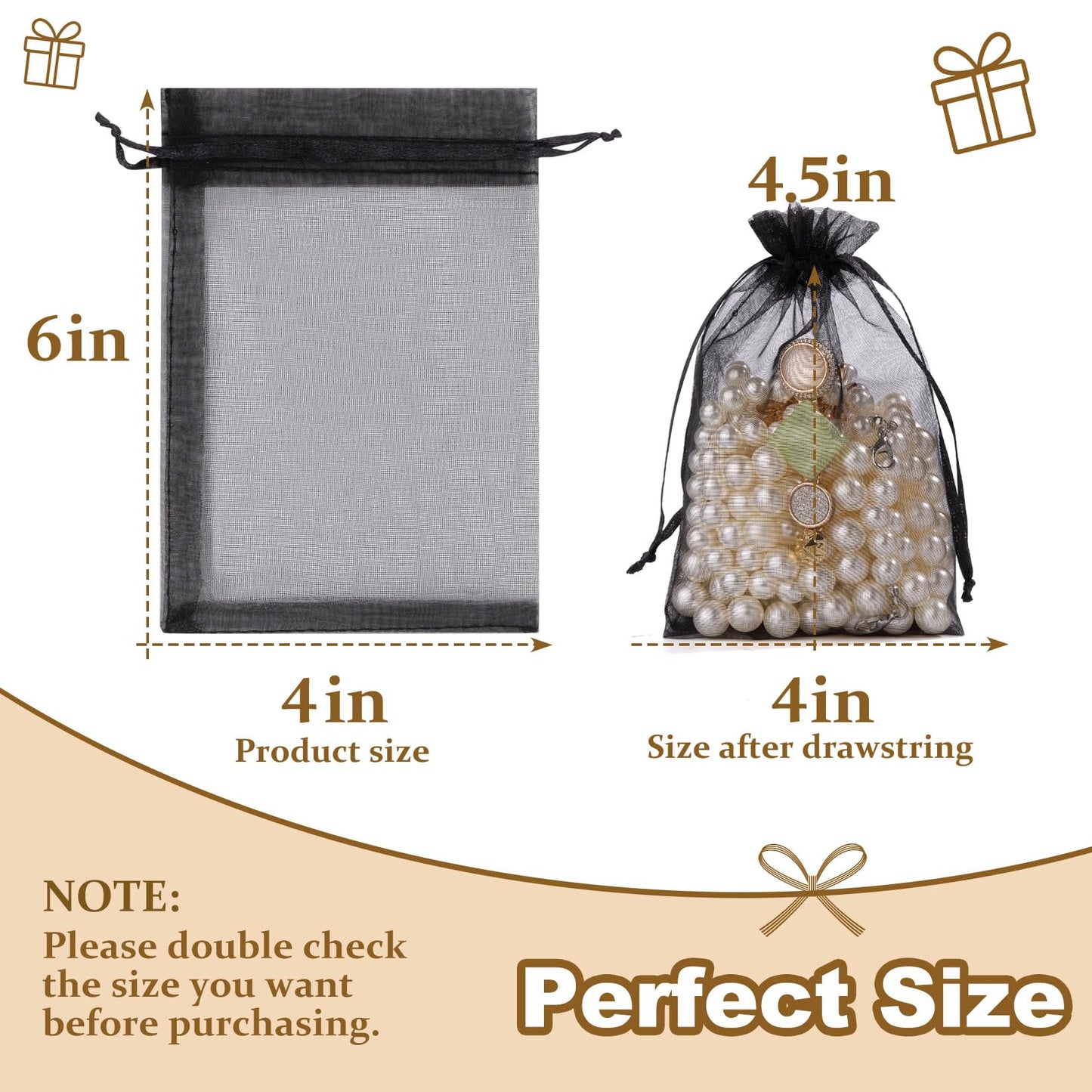 Crweety 50 Pcs Black Organza Bags 4x6 Inch, Small Mesh Gift Bags Drawstring for Jewelry Bracelet Packaging, Premium Sheer Gift Pouch for Wedding Party Favor, Candy Goodie Bag & Graduation Gifts