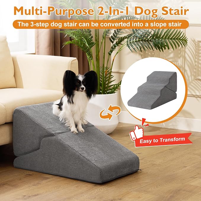 Dog Stairs for Small Dogs 16’’ H, 3-Step Dog Steps for Bed, Foldable Pet Stairs and Ramp for Dogs and Cats to Get on Beds, Couch, Non-Slip Balanced Pet Steps with Waterproof Cover, Grey