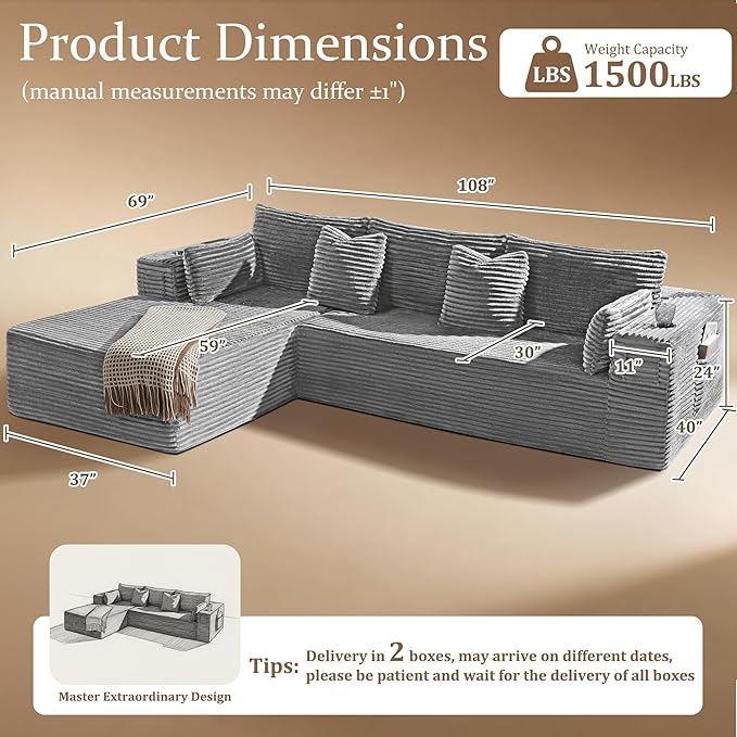 108" Oversized Cloud Sectional Couch, Comfort L Shaped Boneless Couch
