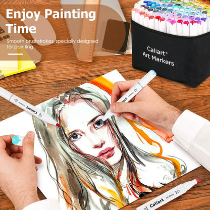 Caliart Markers, 100 Colors Dual Tip Art Markers Sketch Pens Permanent Alcohol Based, with Case for Adult Kids Halloween Drawing Sketching (White Barrel)