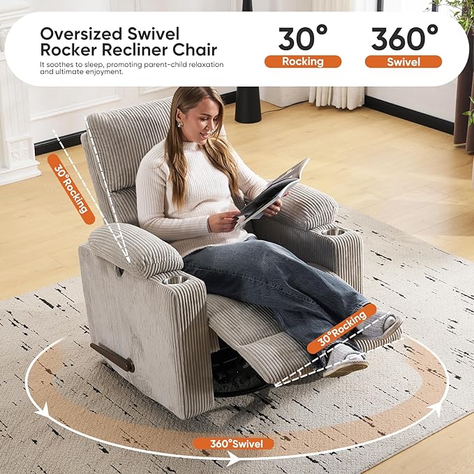 Swivel Rocker Recliner with Adjustable Armrests, Rocking Nursery Chair with