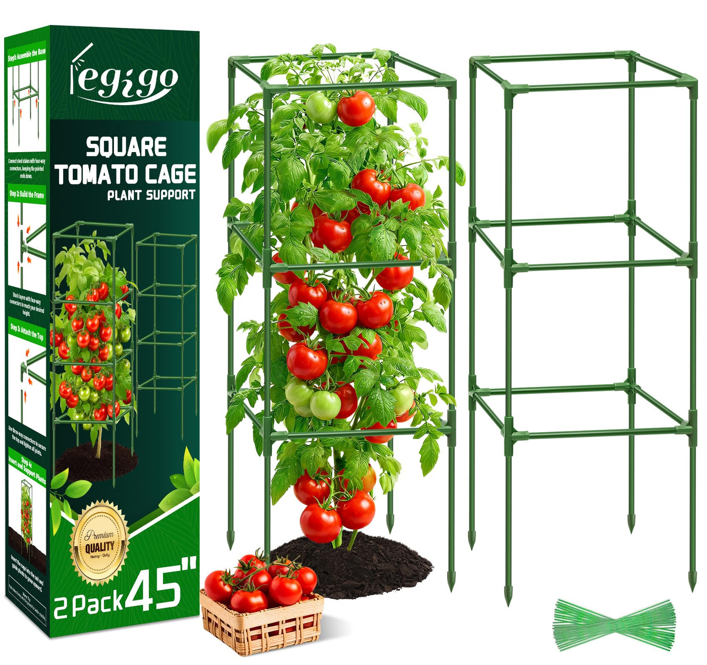 Legigo 2 Pack Square Tomato Cages- 45 Inch Heavy Duty Tomato Trellis for Climbing Plants Outdoor, Tomato Plant Support Stakes Cage Garden Trellis for Garden Raised Garden Bed Cucumbers Vegetables
