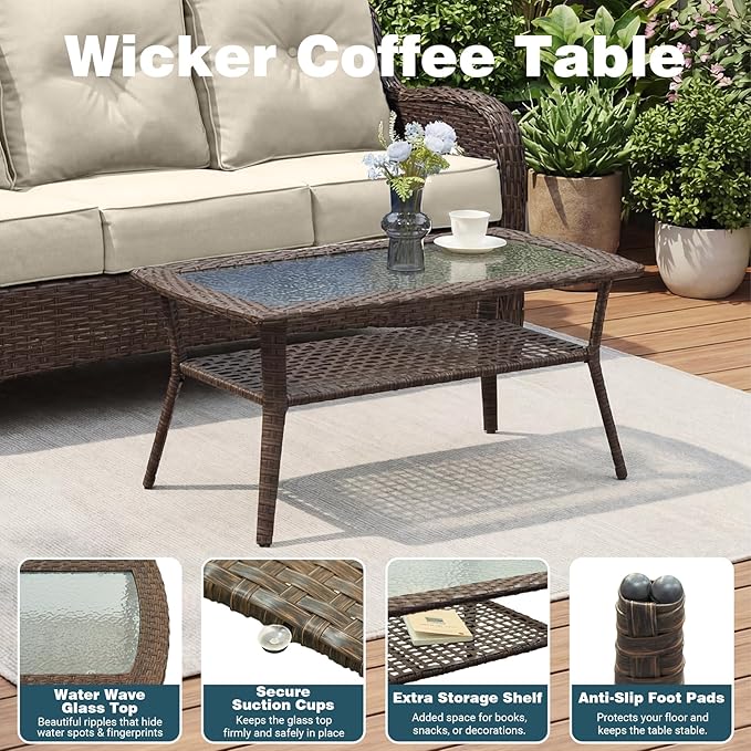 Patio Furniture Set, High Back Rattan Sofa & Swivel Rocker Chairs, Weather