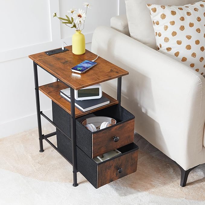 HOOBRO End Table with Charging Station, Nightstand with 2 Non-Woven Drawers