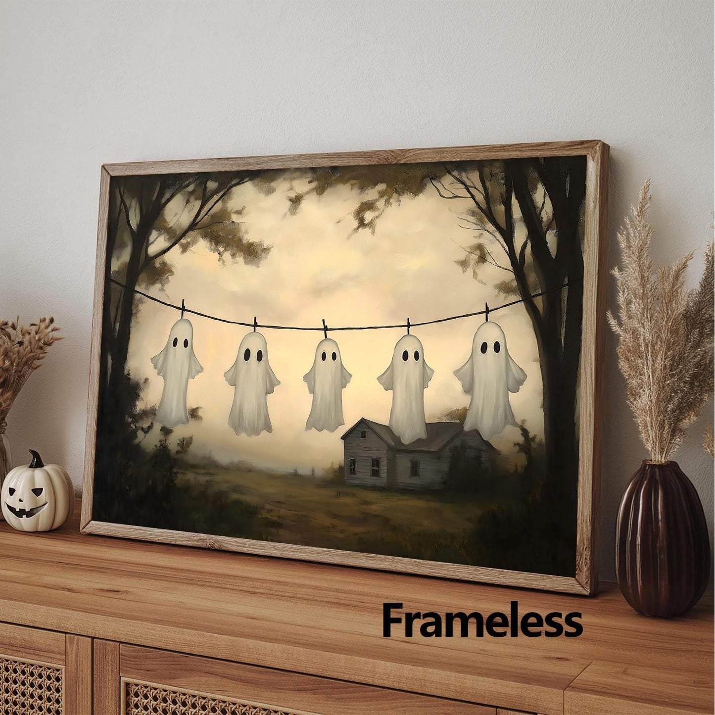 Farmhouse Ghost Wall Art Laundry Room Prints Halloween Landscape Poster Cute Ghost Pictures Gothic Forest Print Victorian Moody Paintings Spooky Wall Art Academia Dark Gothic Artwork 16x24in Frameless