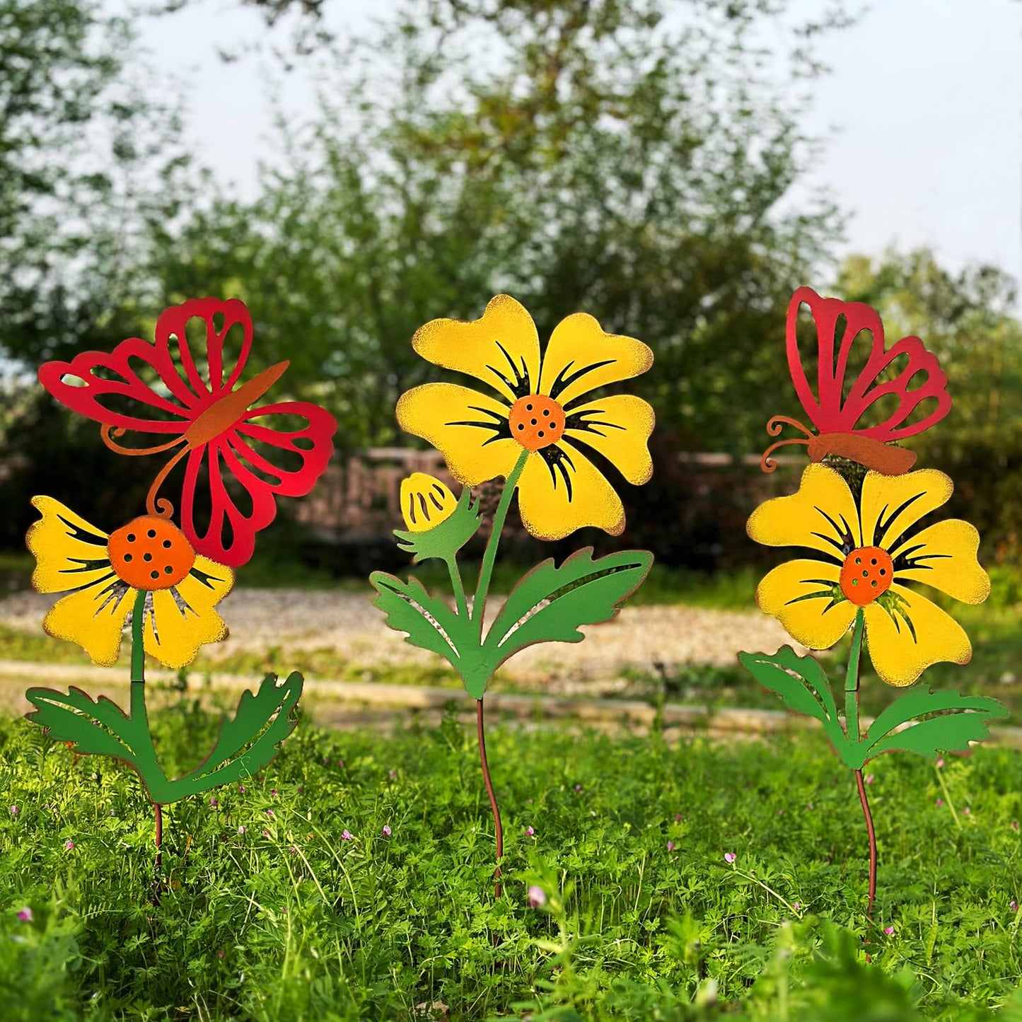 WKHOMEDECO 3 Pack Butterfly&Flower Metal Flowers for Outside & Decorative Garden Stakes - Metal Yard Art Outdoor and Garden with Rustproof Design | Spring Lawn Ornaments for Porch,Backyard，Patio