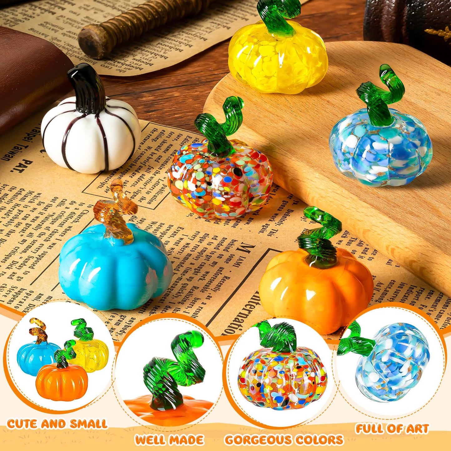 ALDMIO 6 Pcs Halloween Hand Blown Glass Pumpkin Decorations, Mini Pumpkins Halloween Pumpkin Figurines, Glass Fruit Decor for Thanksgiving Ornament, Fall Harvest and Collectible Figurine Present