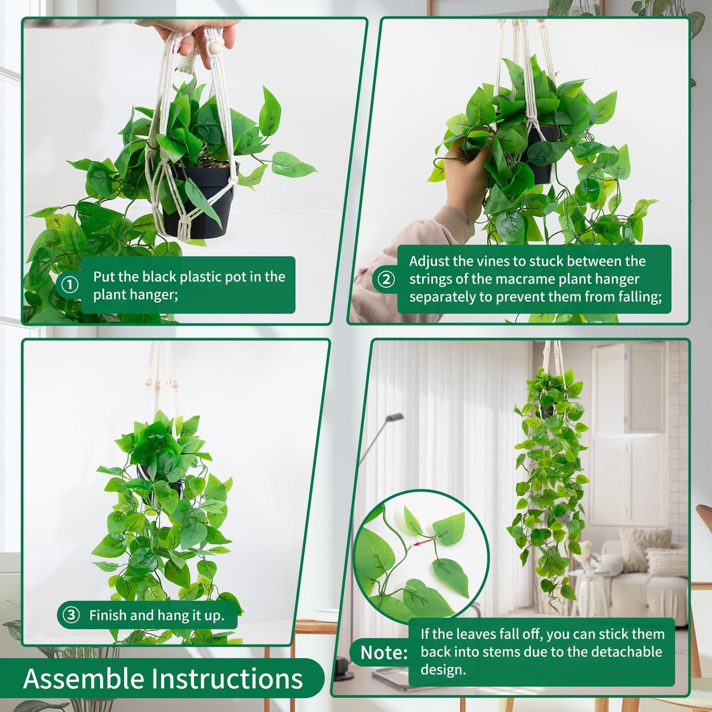 LUZOGA Fake Pothos in Rope - Hanging Pot, Artificial Pothos Plants for Home Decor Indoor Macrame Plant Hanger with Faux Vine Hanging Planter Greenery for Bedroom Bathroom Kitchen Office Decor