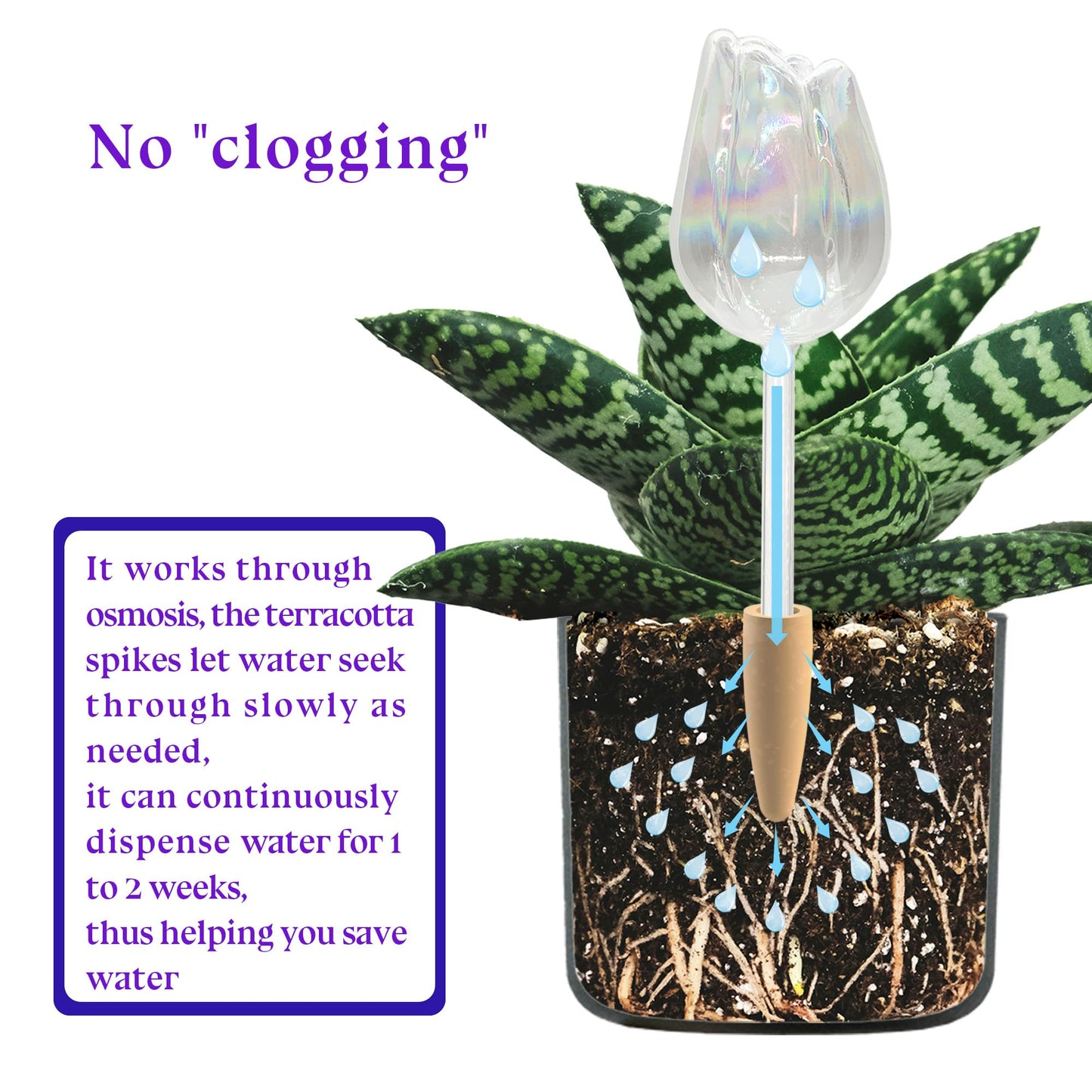 HyJeryty Non-Clogging Iridescent 3 Pack Tulip Plant Watering Globes with Terracotta Spikes, Hand Blown Glass Self Watering Planter Insert Plant Watering Devices Bulbs for Indoor and Outdoor Plants