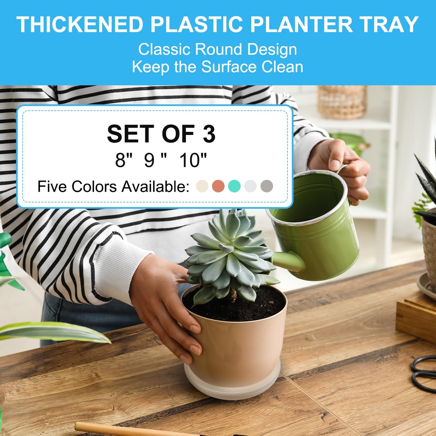 PATIKIL Plant Saucer Tray, 3 Pack 8/9/11 Inch Plastic Round Plant Saucer Flower Planter Drip Tray for Indoors Outdoors Patio Balcony, Beige