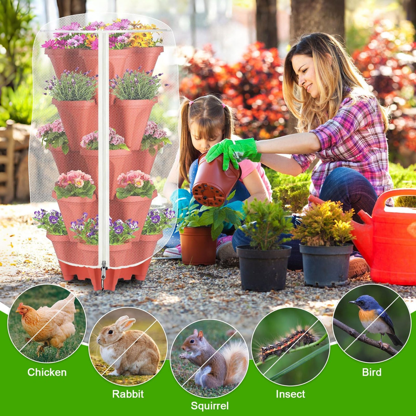 2 Pack Garden Vertical Planter Pot Insect Bird Netting,39.4" x 20" Stackable 5 Tier Strawberry Planter Pot Garden Mesh Plant Cover with Zipper for Outdoor Strawberry Herb Flower Protection