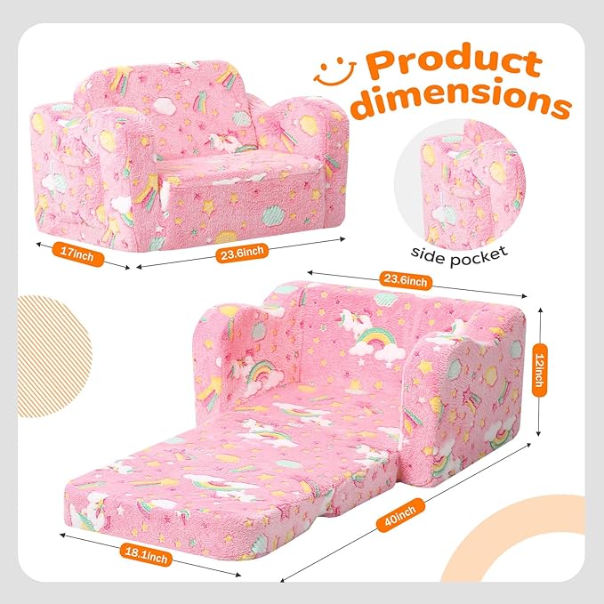 MeMoreCool Glowing Pink Rainbow Kids Chair, 2-in-1 Glow-in-the-Dark Kids Couch