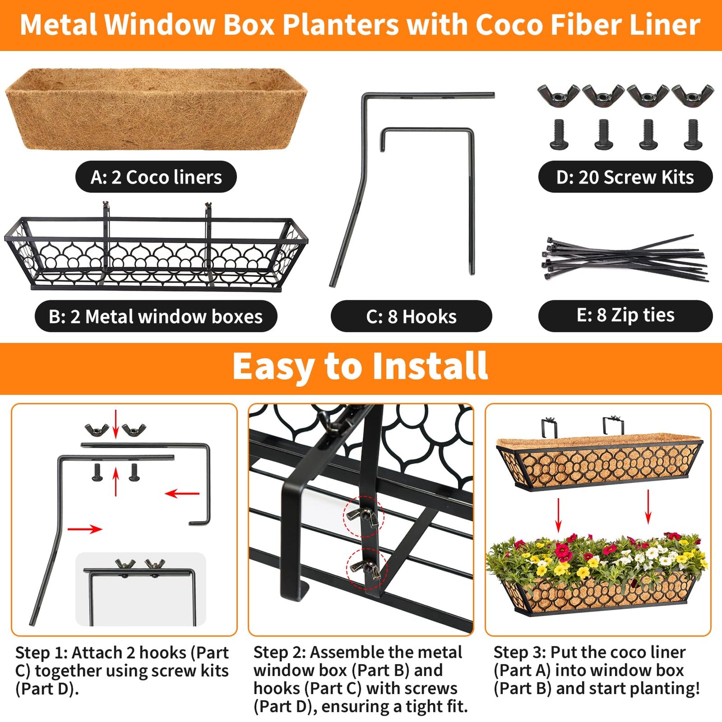 Riare 2 Pack 16 Inch Window Boxes Planters with Coco Liner, Metal Deck Railing Planter Boxes, Balcony Planters Railing Hanging, Horse Trough Window Flower Planter Boxes for Outdoor Porch Fence Patio