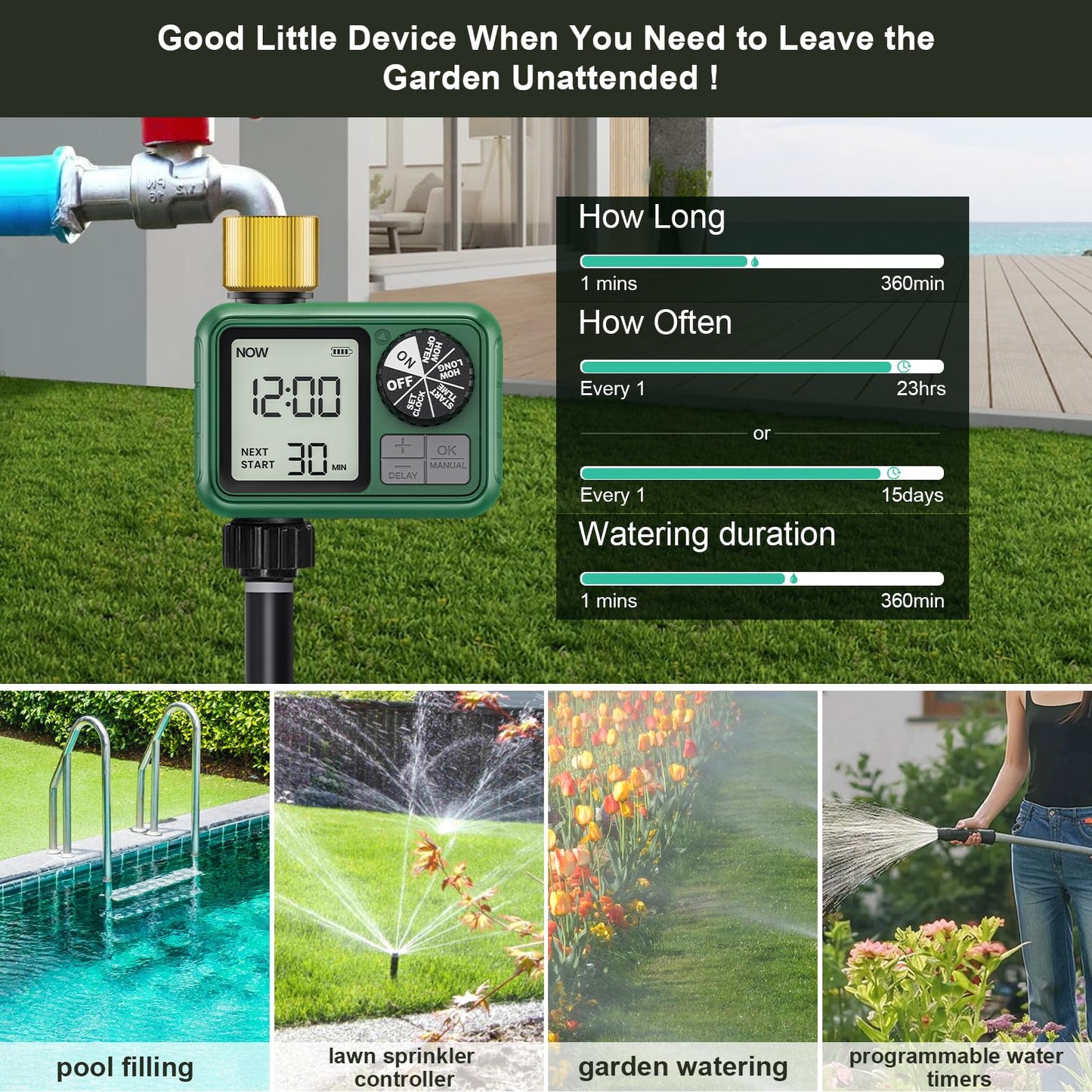 XinFuture Water Timer for Outdoor Garden Hose, Sprinkler Timer for Garden Faucet with Auto/Manual/Rain Delay Mode, Sprinkler Irrigation Controller for Yard Lawn (1 Zones Brass Inlet & Outlet)