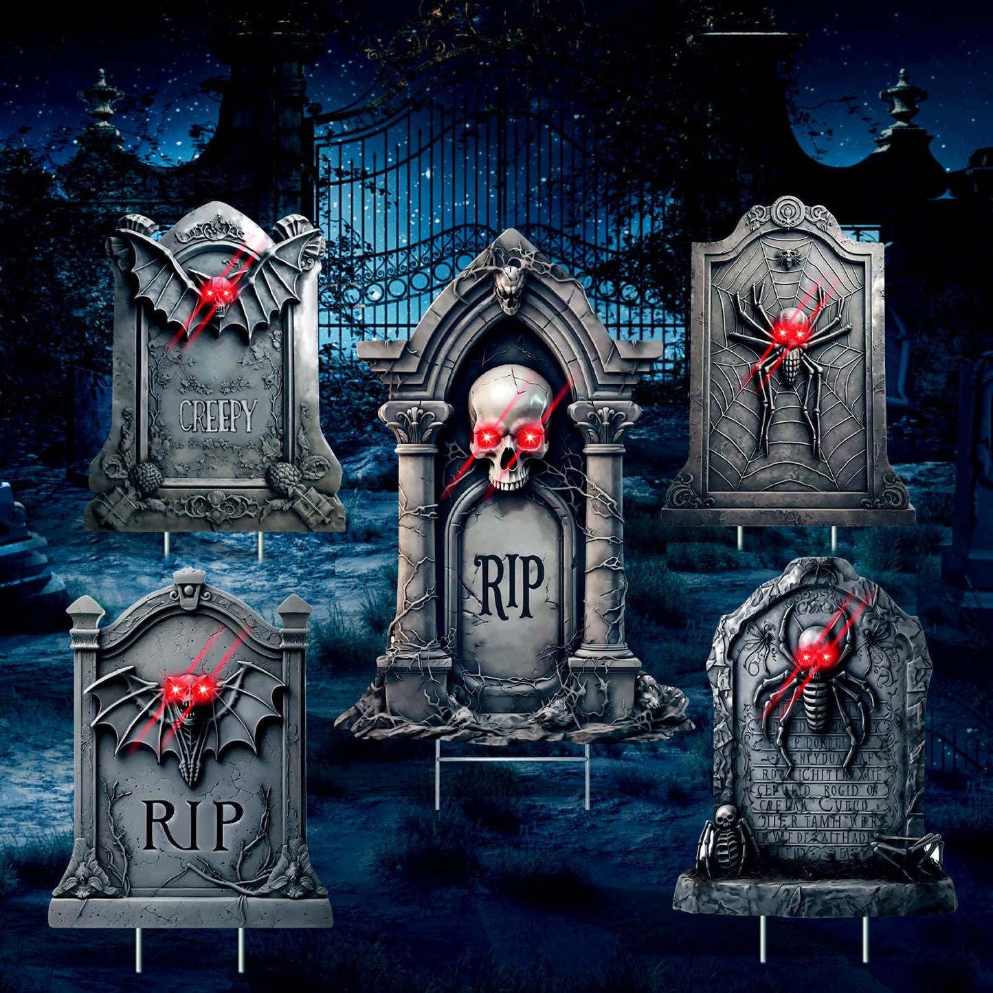 5 Pack Tombstone Halloween Decorations Plastic Yard Signs with Stakes,Graves Halloween Decorations Outdoor, Scary Gravestone Decorations with Glow in Dark Eyes for Outdoor Yard Lawn Garden Waterproof